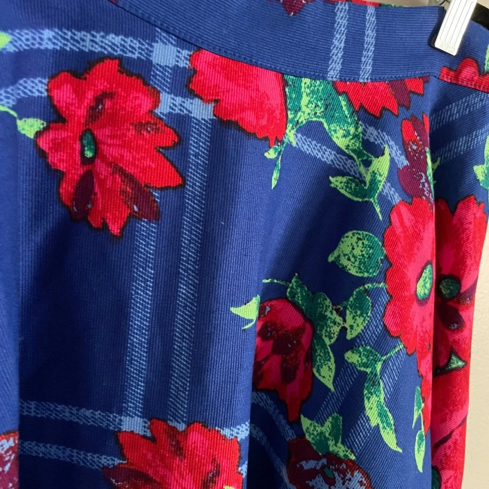 Plenty by Tracy Reese Full Circle Skirt‎ Blue Red Windowpane Floral Midi 12  NWT